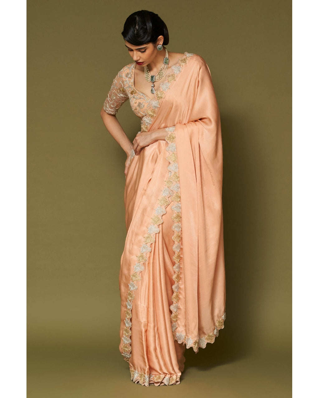 Apricot Embroidered Modal Satin Sari Set
