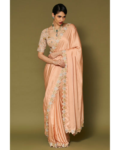 Apricot Embroidered Modal Satin Sari Set