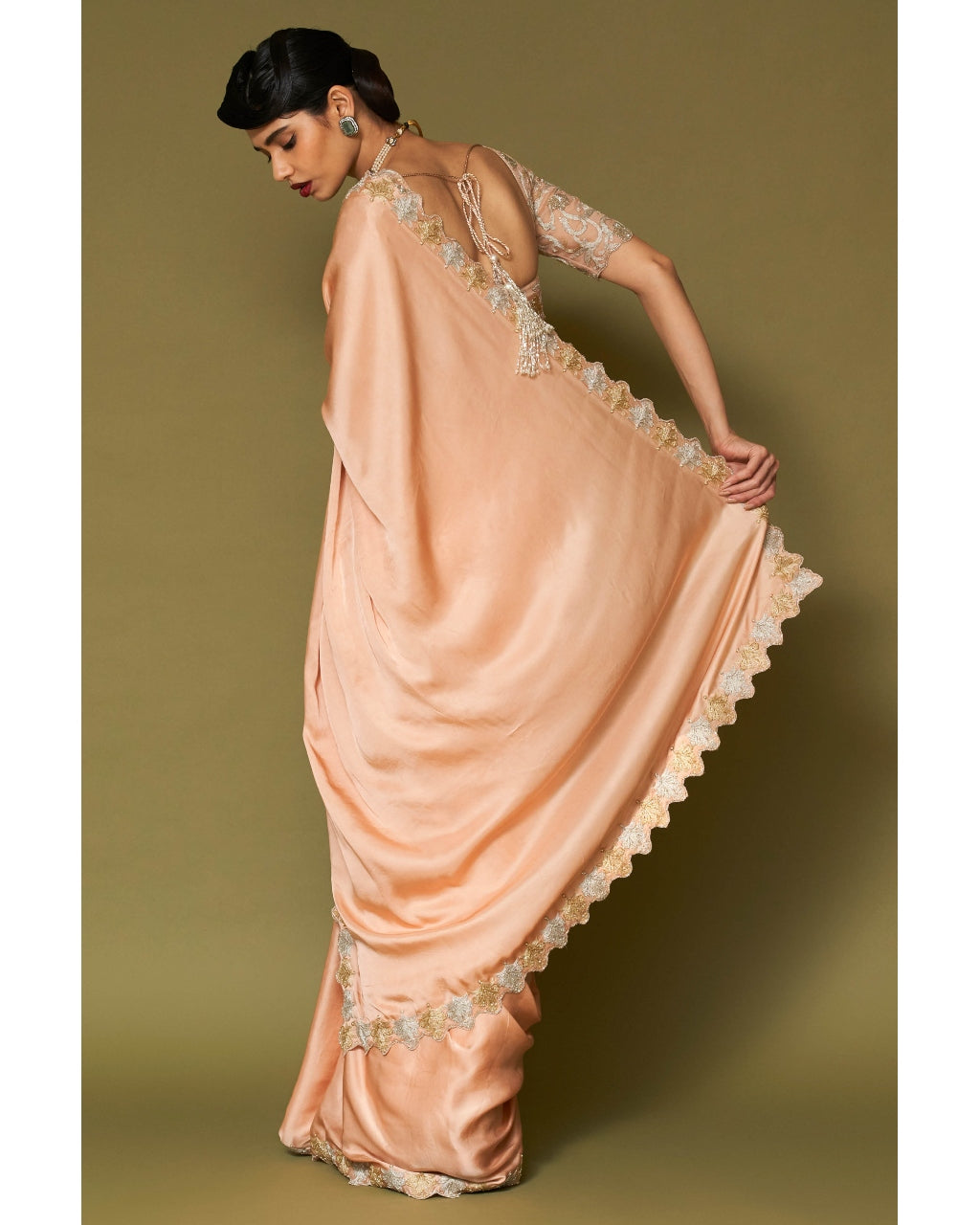 Apricot Embroidered Modal Satin Sari Set