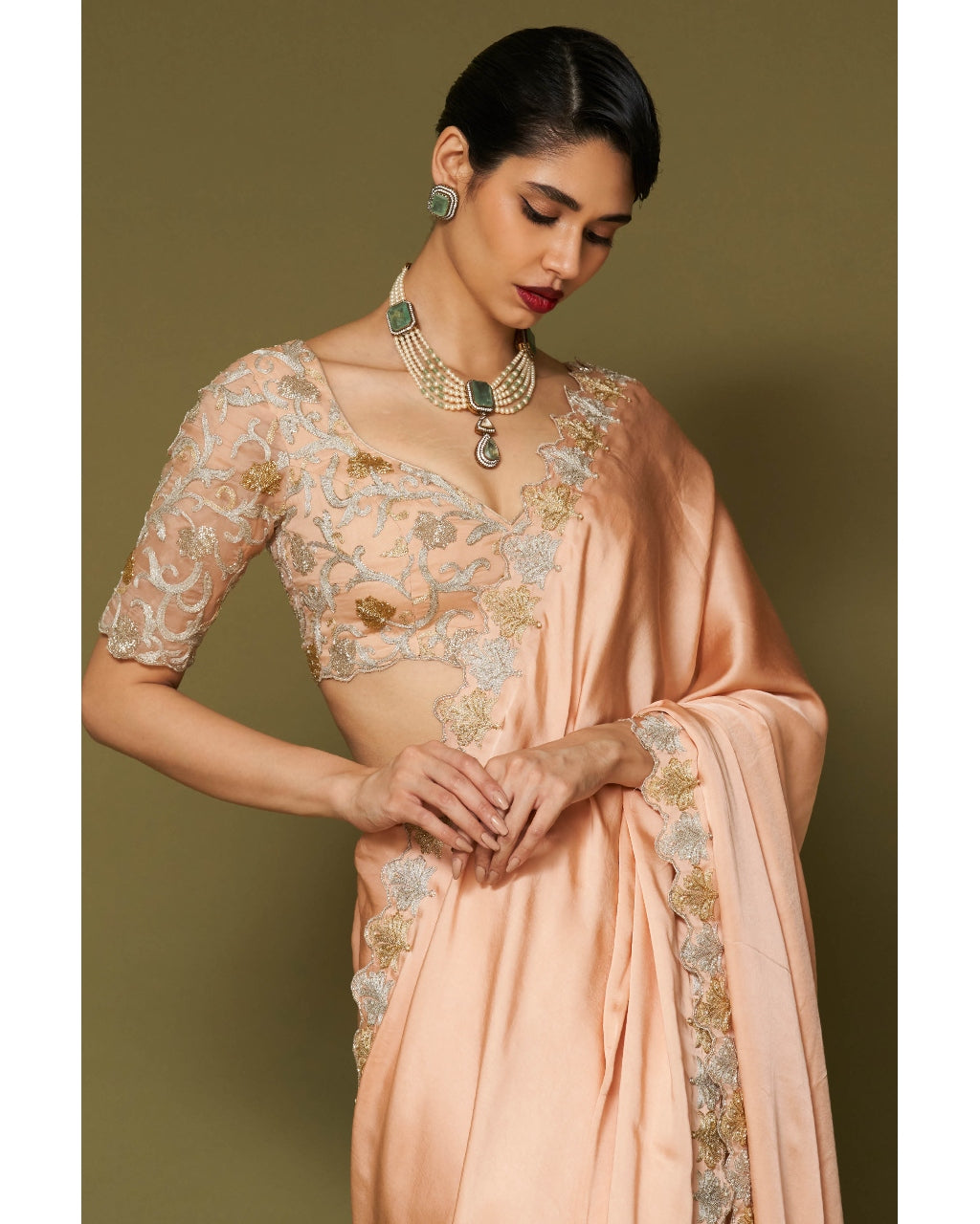 Apricot Embroidered Modal Satin Sari Set