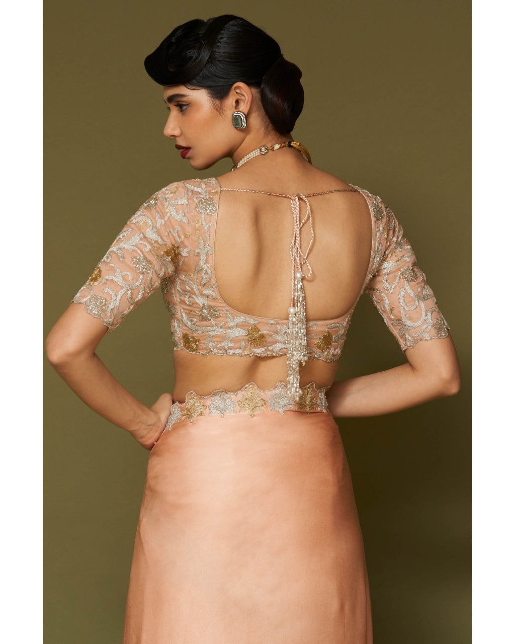 Apricot Embroidered Modal Satin Sari Set