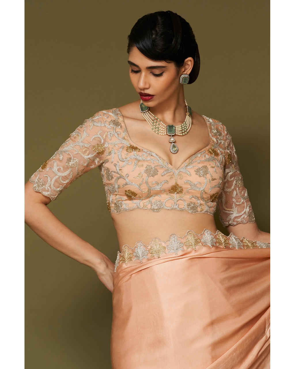 Apricot Embroidered Modal Satin Sari Set