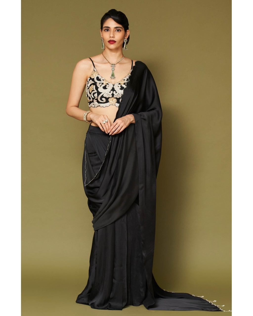 Black Embroidered Pre-Draped Sari Set