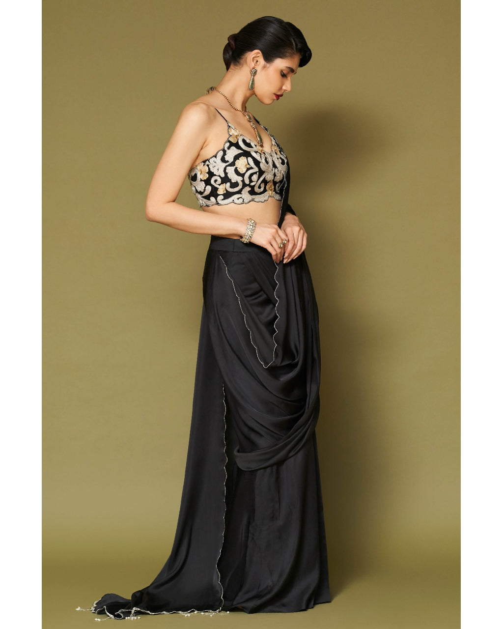 Black Embroidered Pre-Draped Sari Set