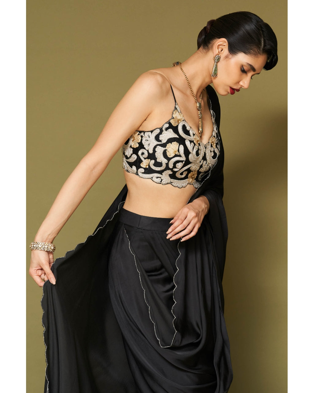 Black Embroidered Pre-Draped Sari Set