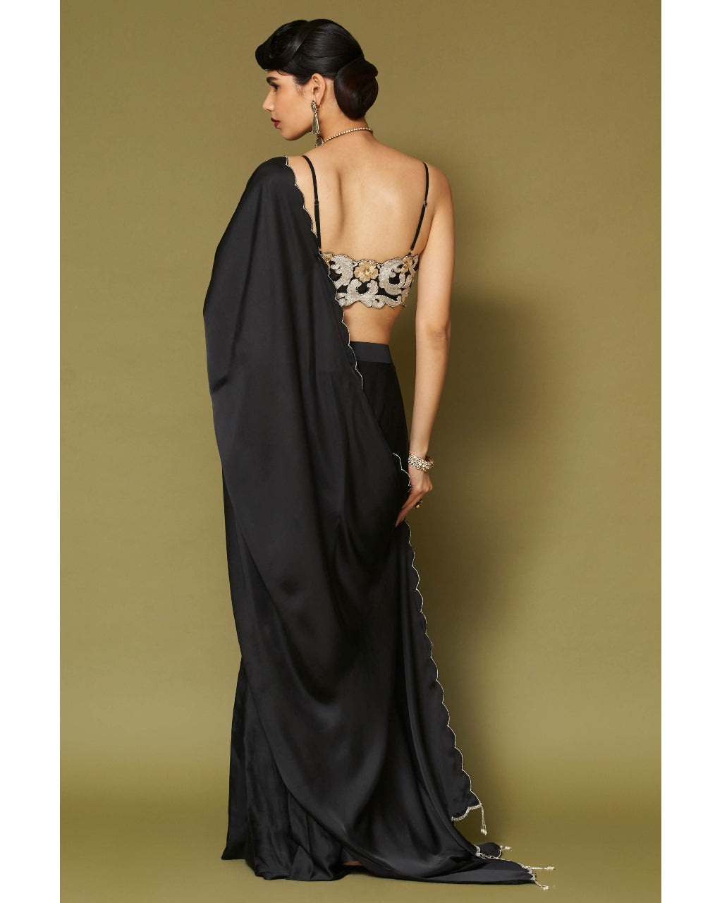 Black Embroidered Pre-Draped Sari Set