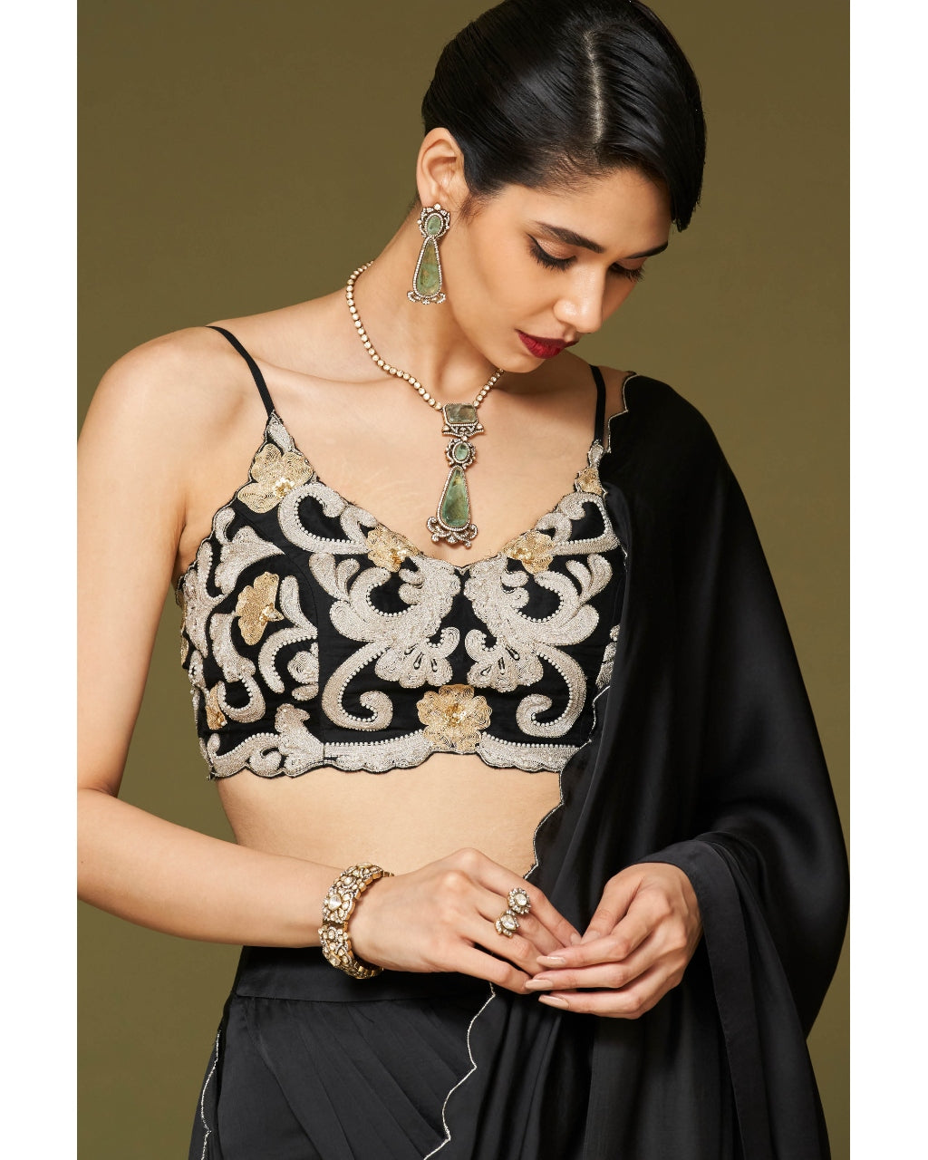 Black Embroidered Pre-Draped Sari Set