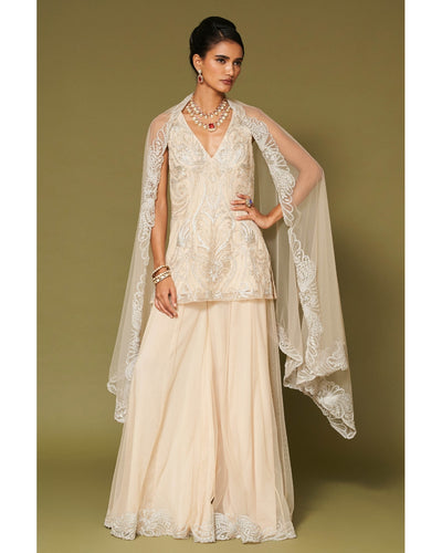 Almond Embroidered Tulle Sharara Set