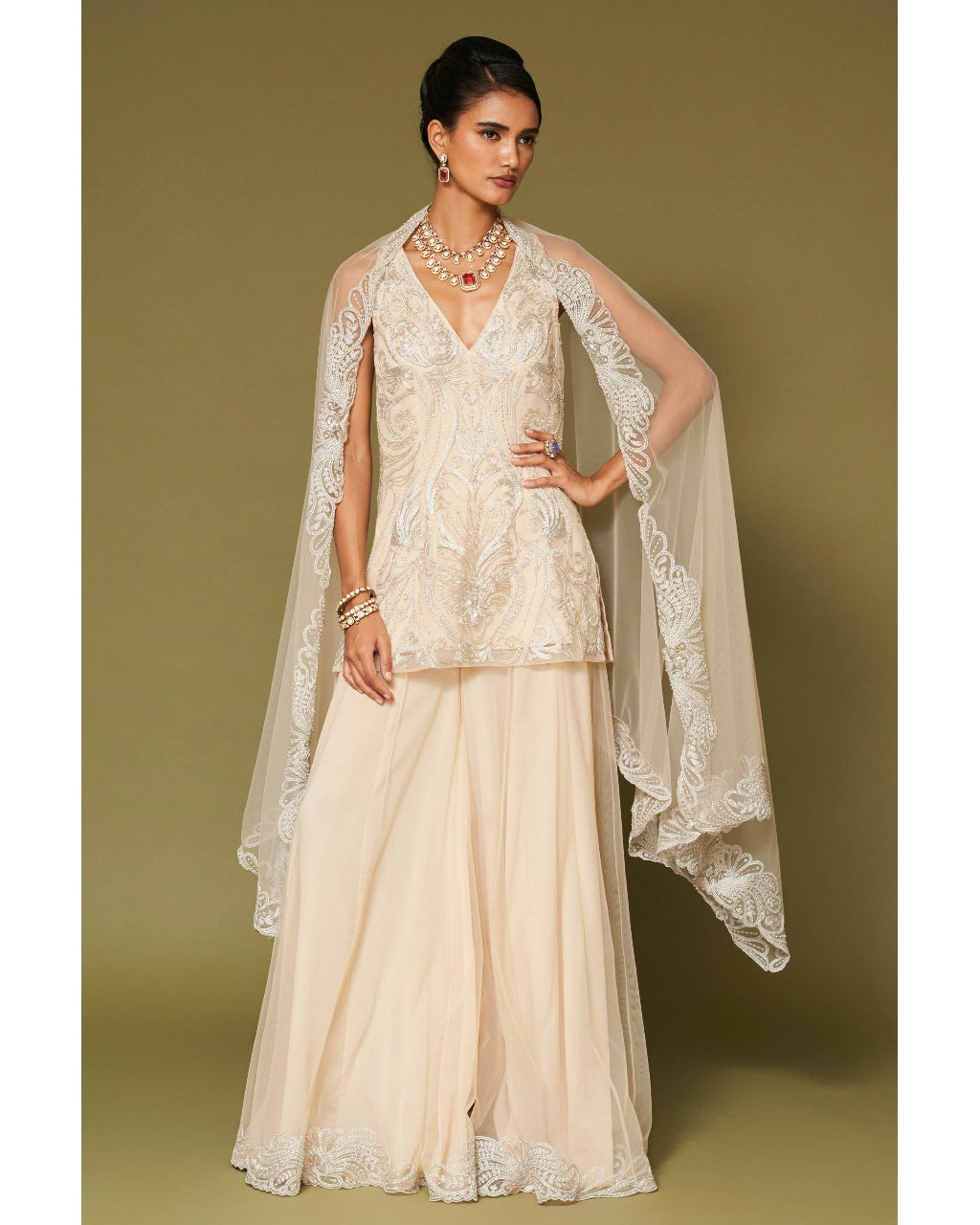 Almond Embroidered Tulle Sharara Set
