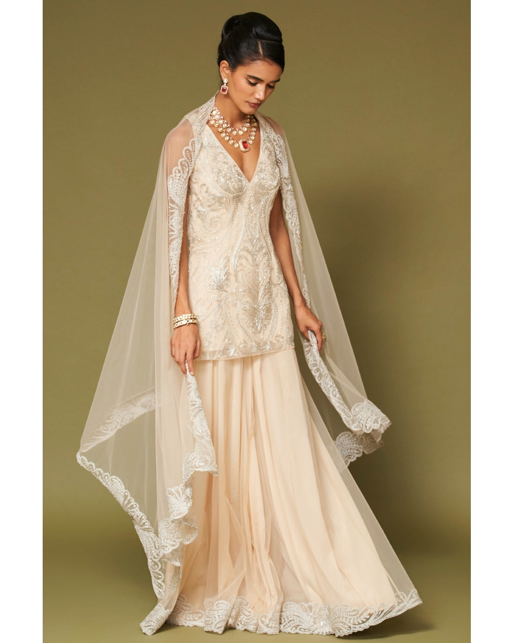 Almond Embroidered Tulle Sharara Set