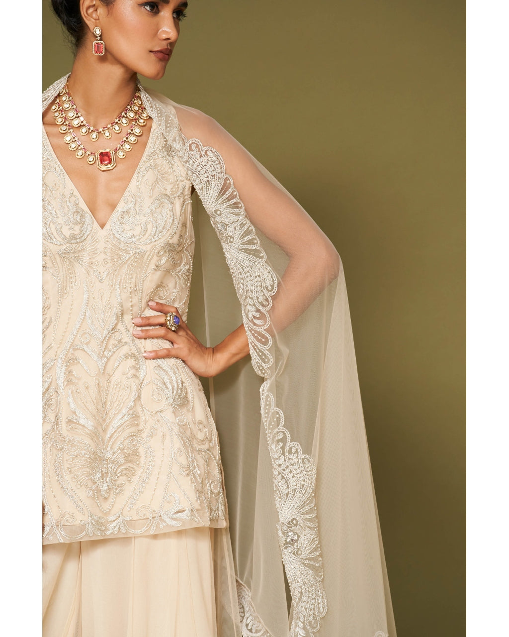 Almond Embroidered Tulle Sharara Set