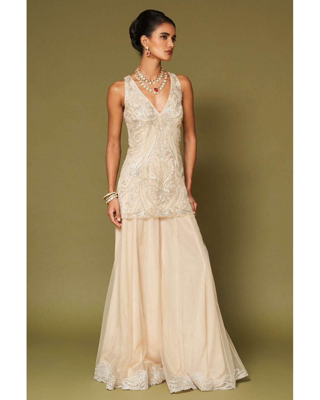 Almond Embroidered Tulle Sharara Set