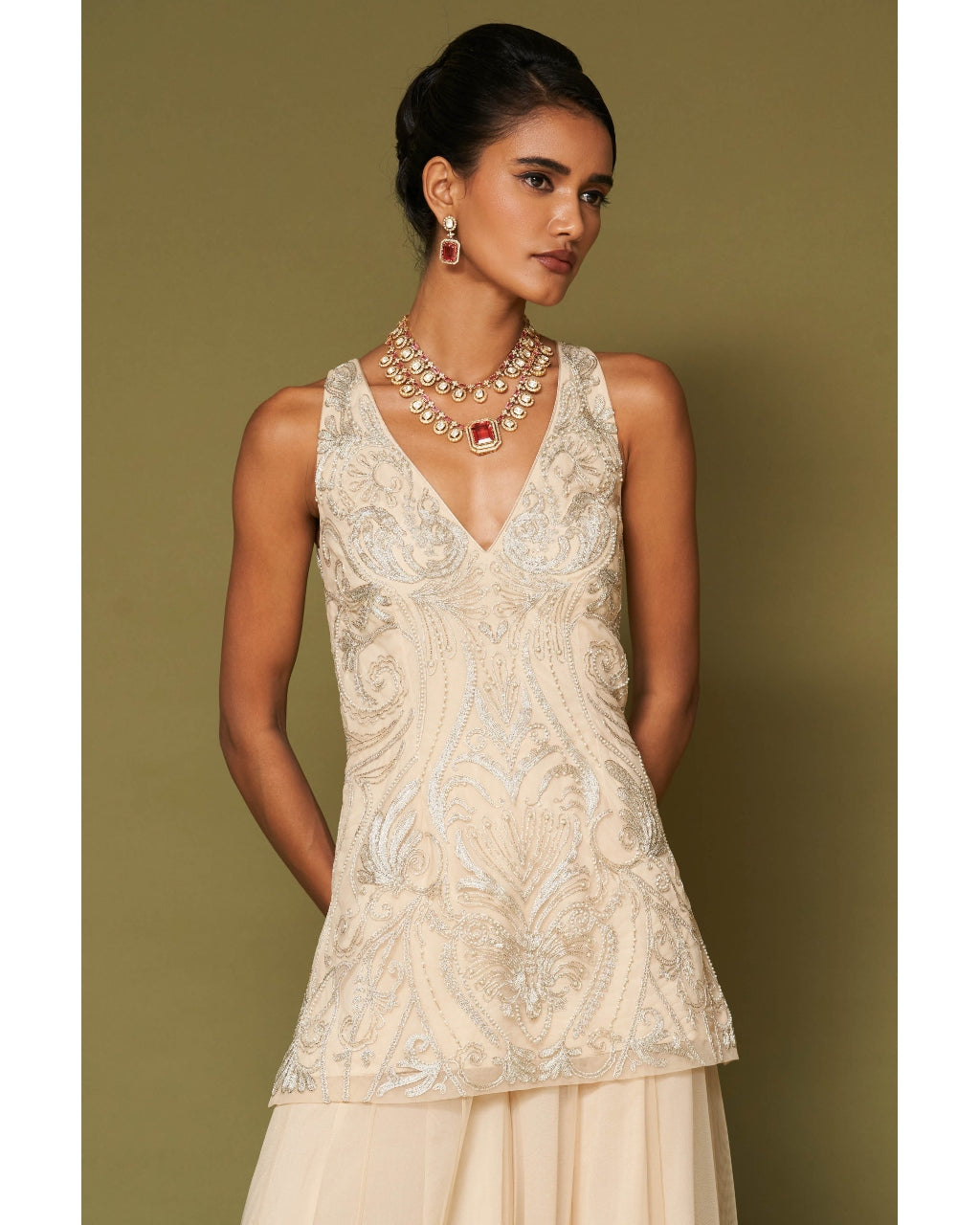 Almond Embroidered Tulle Sharara Set