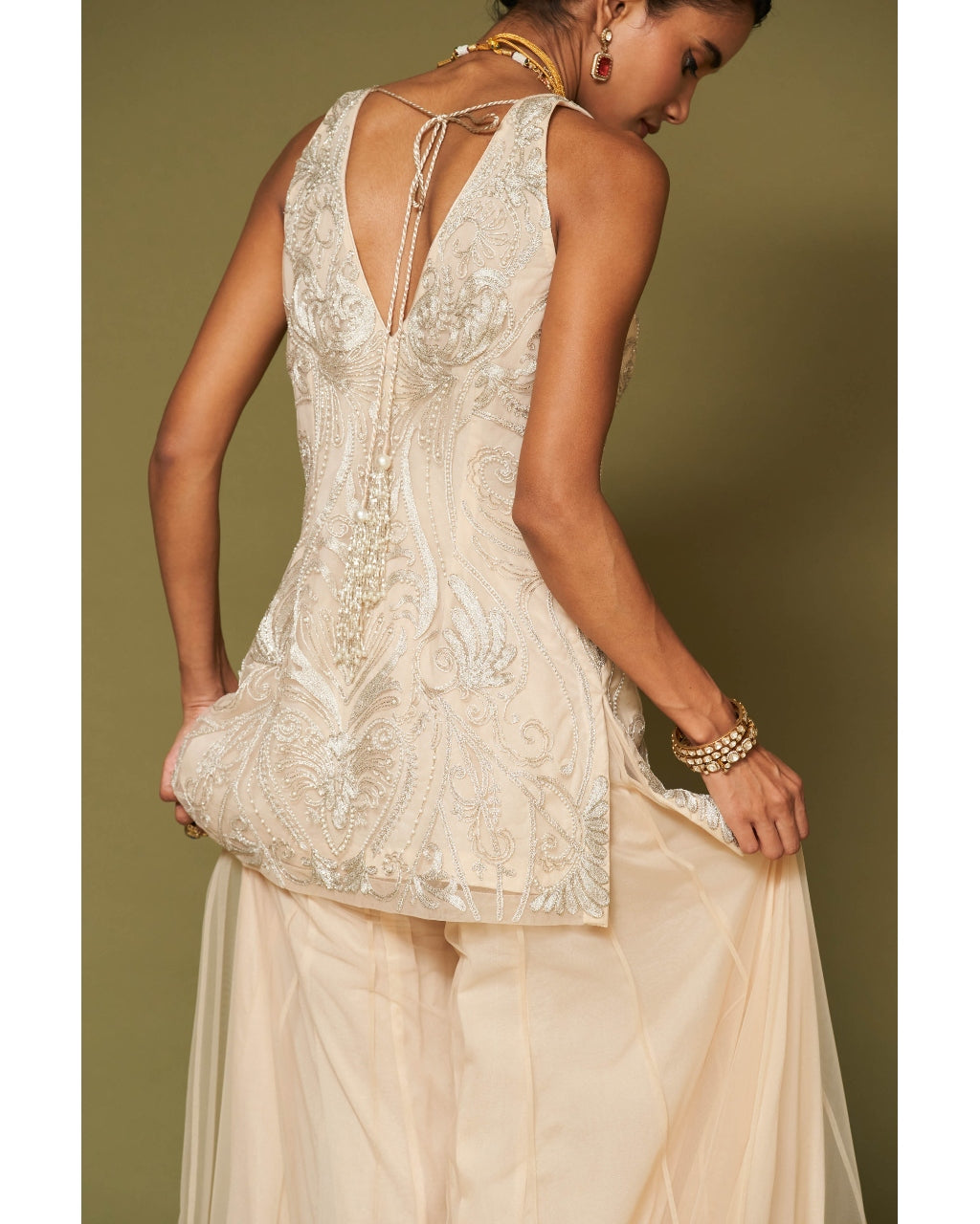 Almond Embroidered Tulle Sharara Set