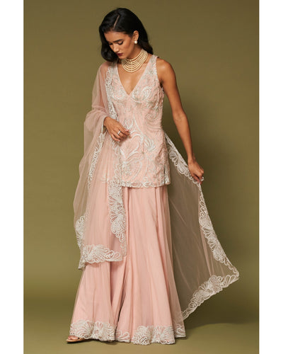 Blush Pink Embroidered Tulle Sharara Set