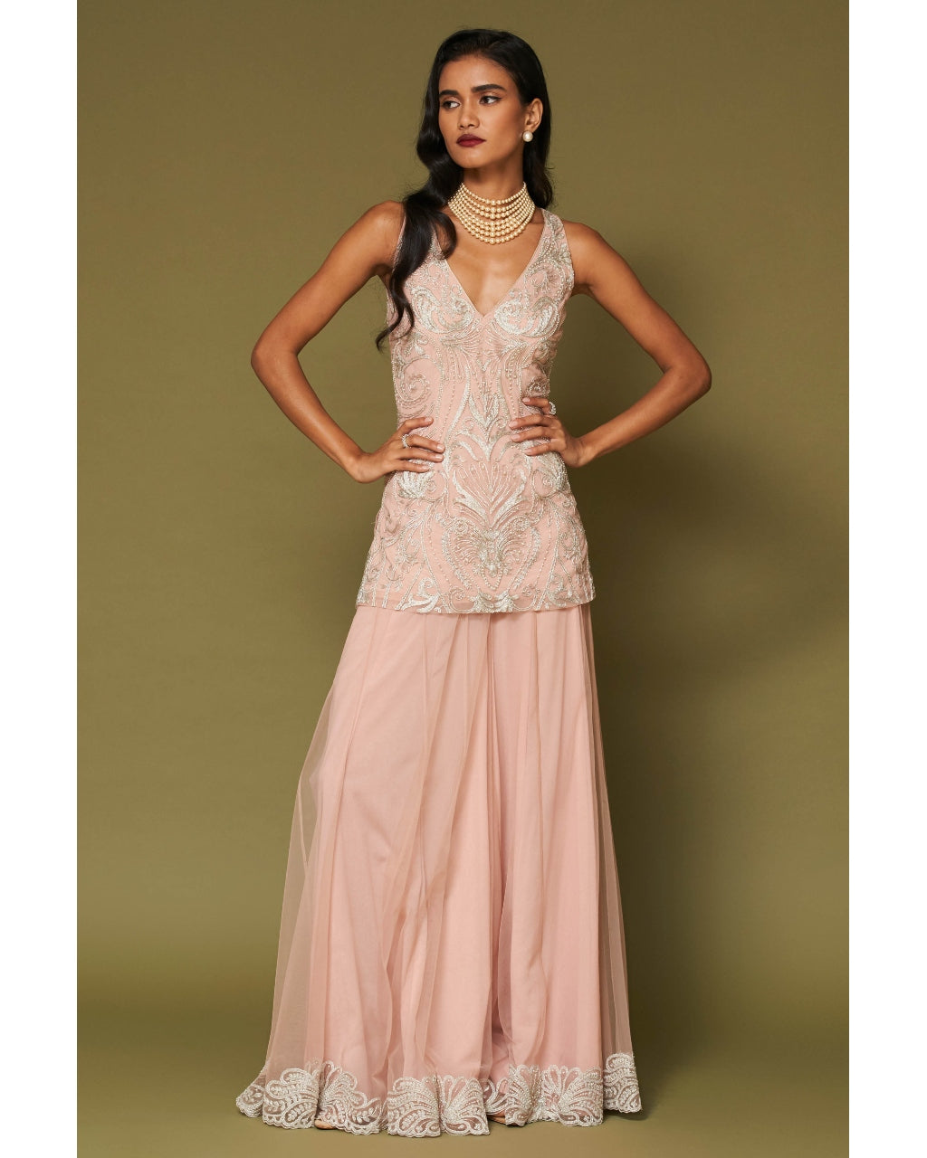 Blush Pink Embroidered Tulle Sharara Set