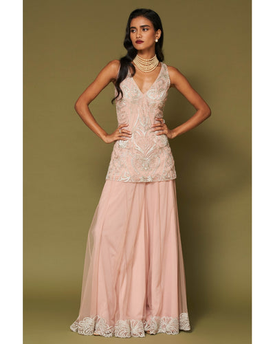Blush Pink Embroidered Tulle Sharara Set