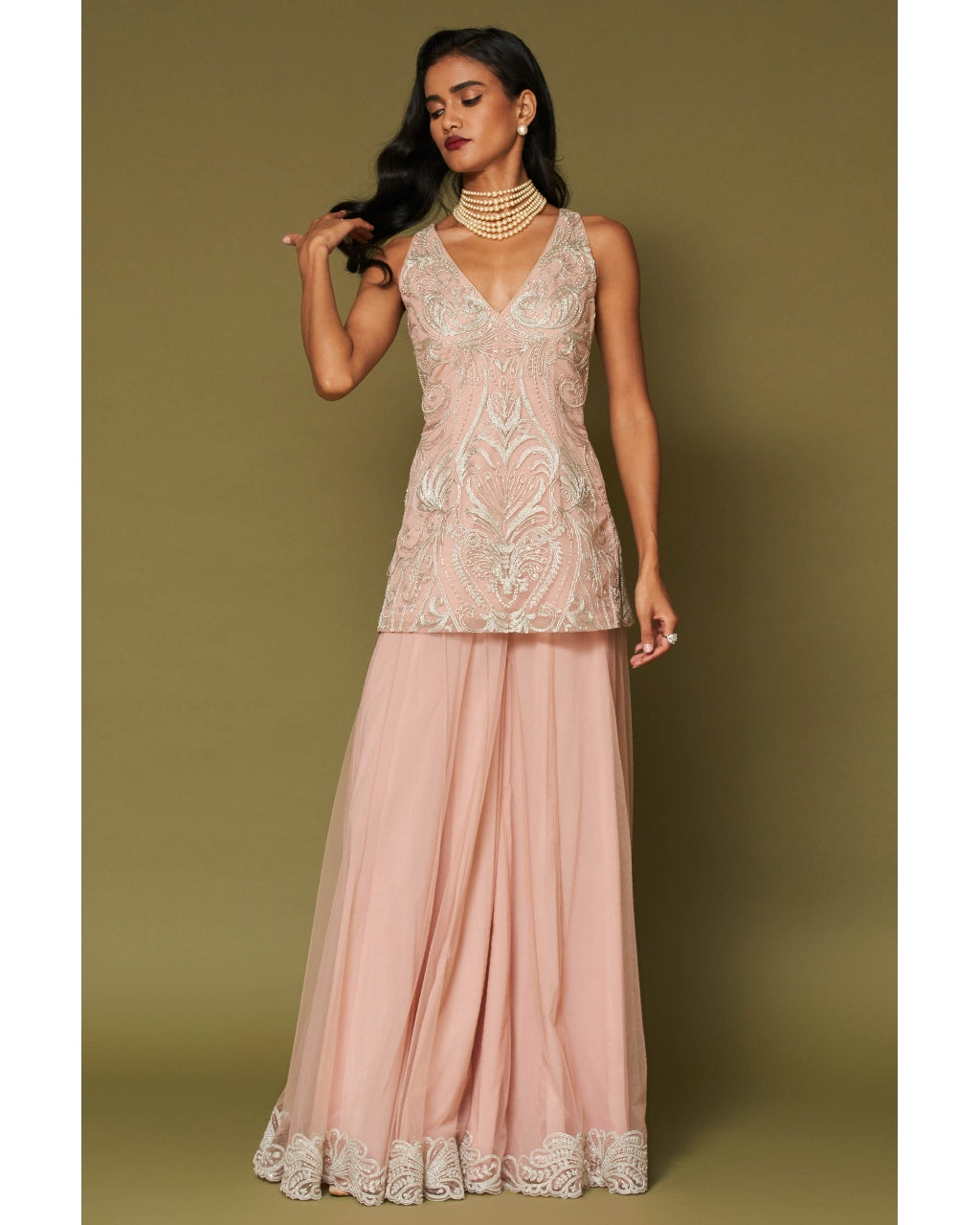Blush Pink Embroidered Tulle Sharara Set