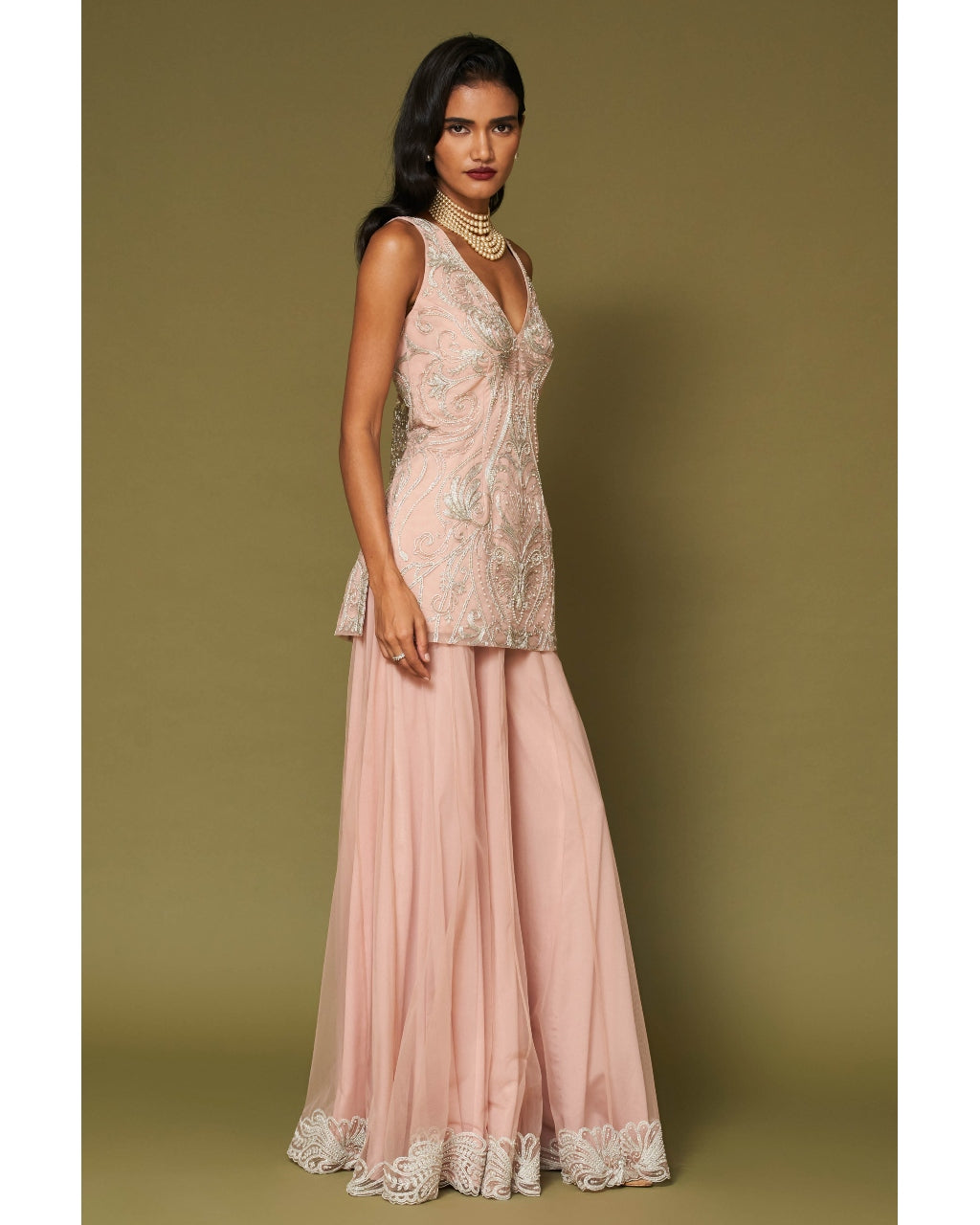 Blush Pink Embroidered Tulle Sharara Set