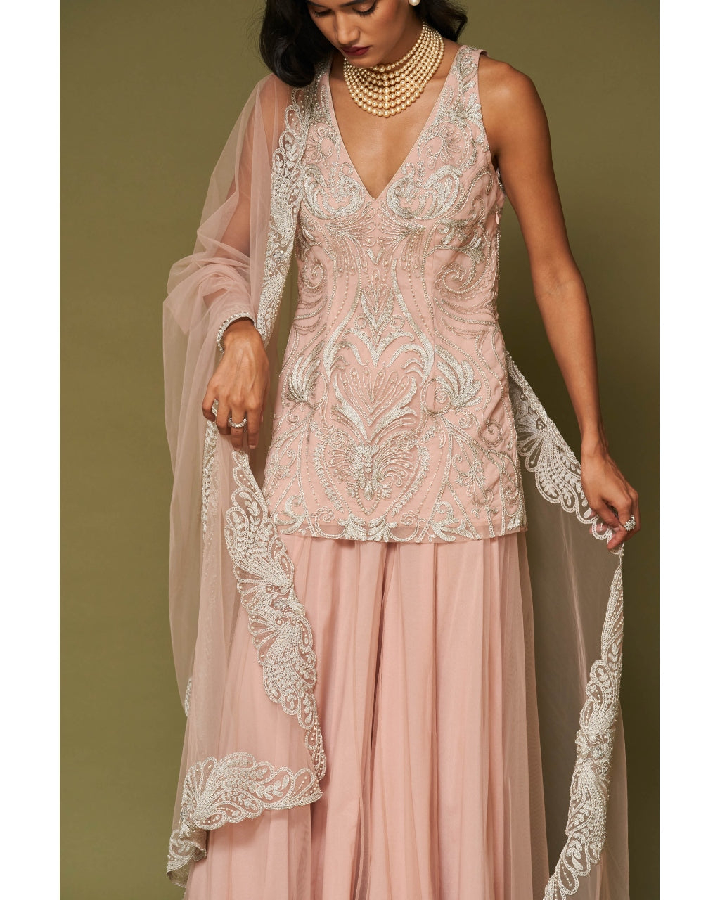 Blush Pink Embroidered Tulle Sharara Set