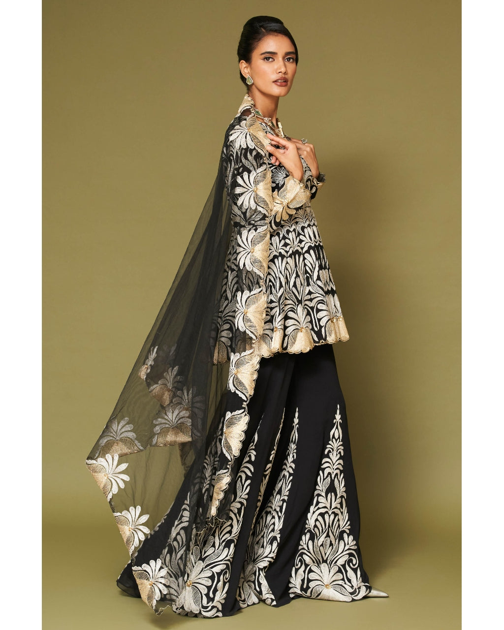 Black Embroidered Georgette Sharara Set