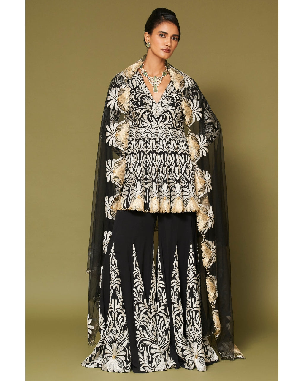 Black Embroidered Georgette Sharara Set