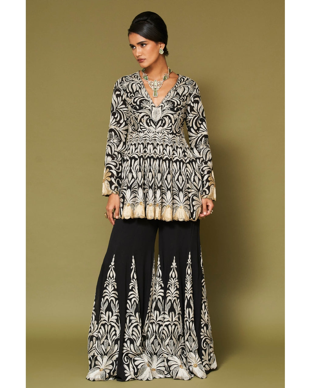 Black Embroidered Georgette Sharara Set
