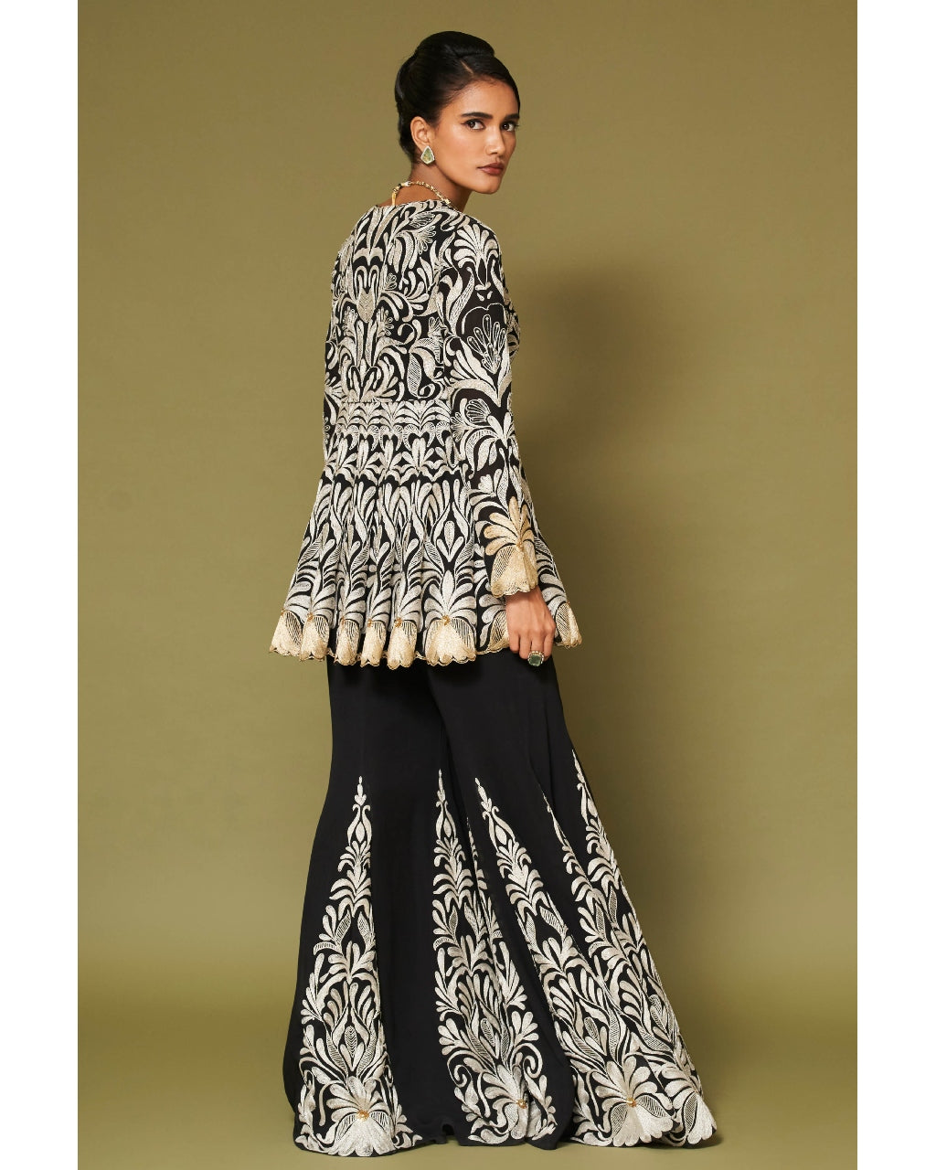 Black Embroidered Georgette Sharara Set