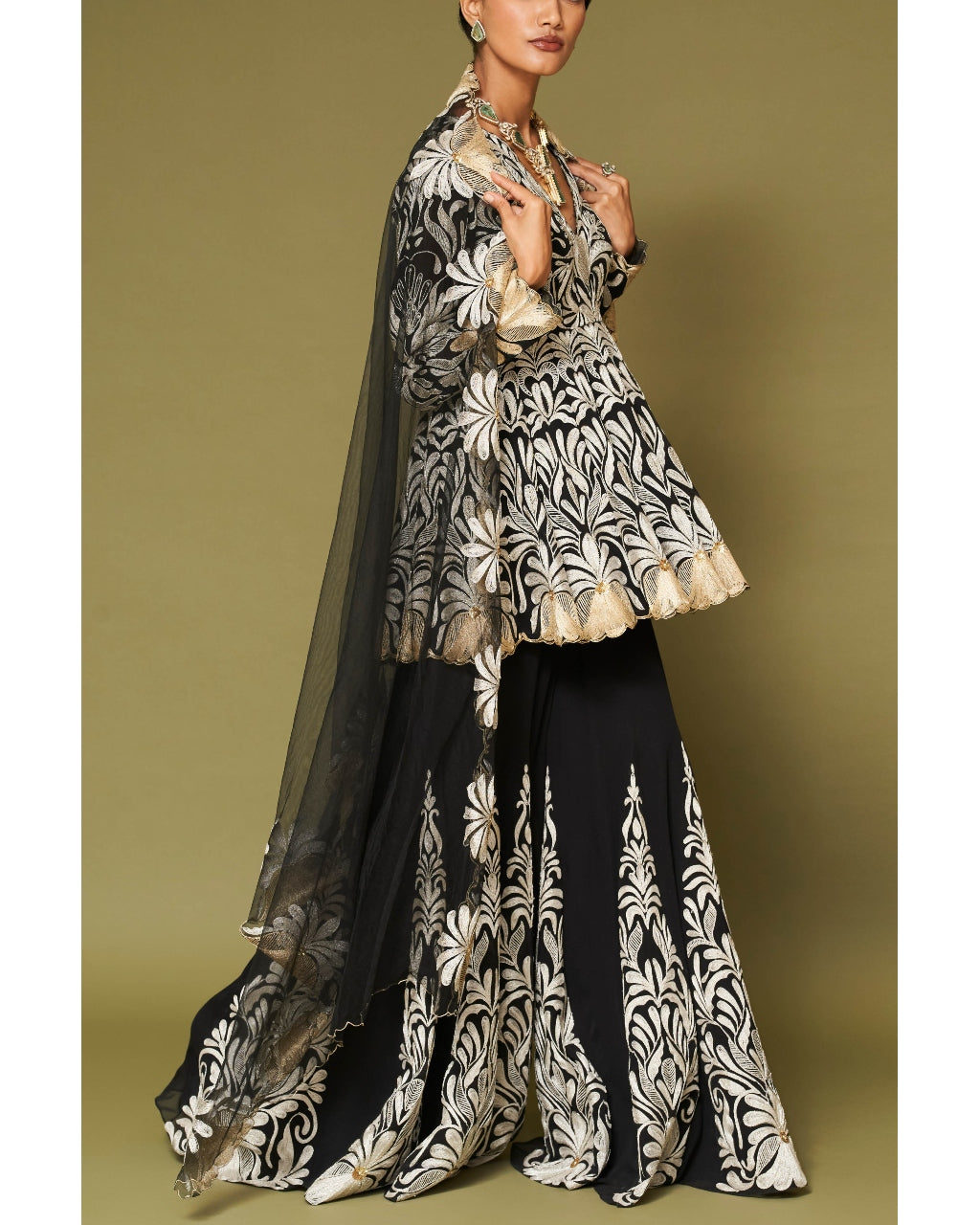 Black Embroidered Georgette Sharara Set