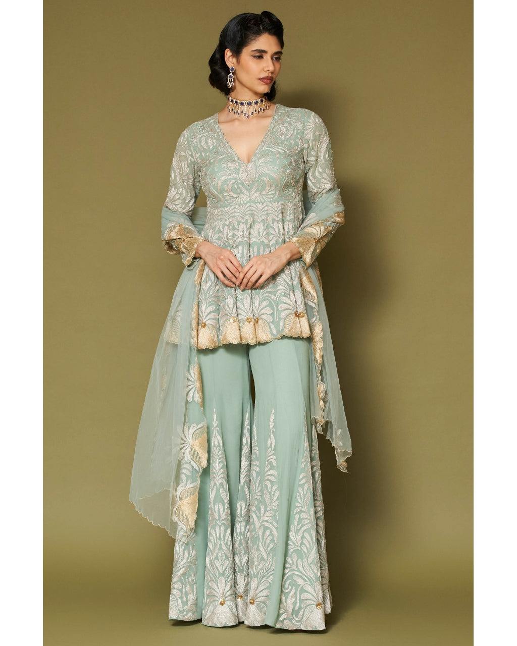 Aqua Embroidered Georgette Sharara Set