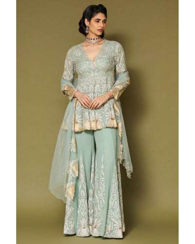 Aqua Embroidered Georgette Sharara Set