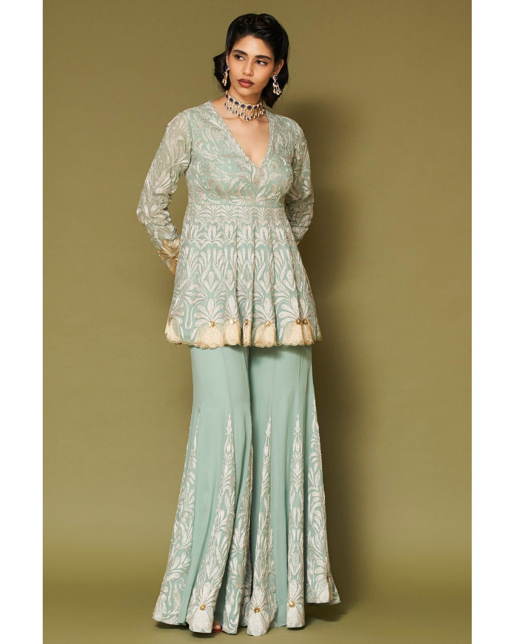 Aqua Embroidered Georgette Sharara Set