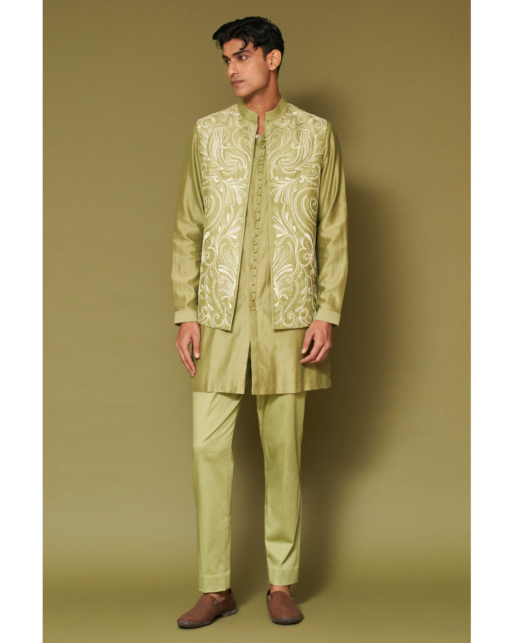 Pistachio Dori Embroidered Bundi Set with Potli Button Kurta