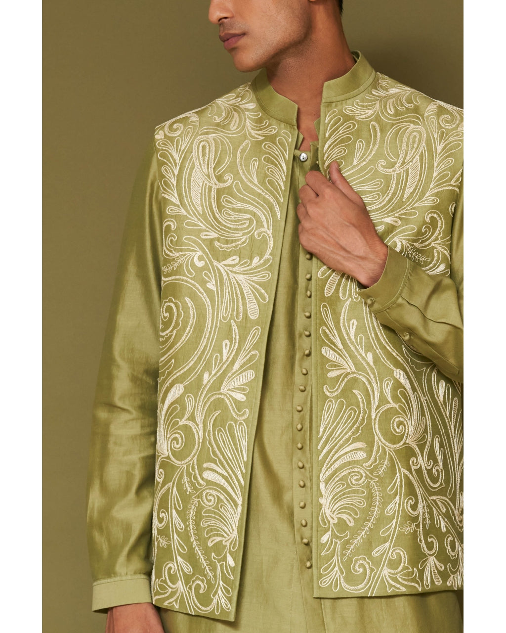 Pistachio Dori Embroidered Bundi Set with Potli Button Kurta