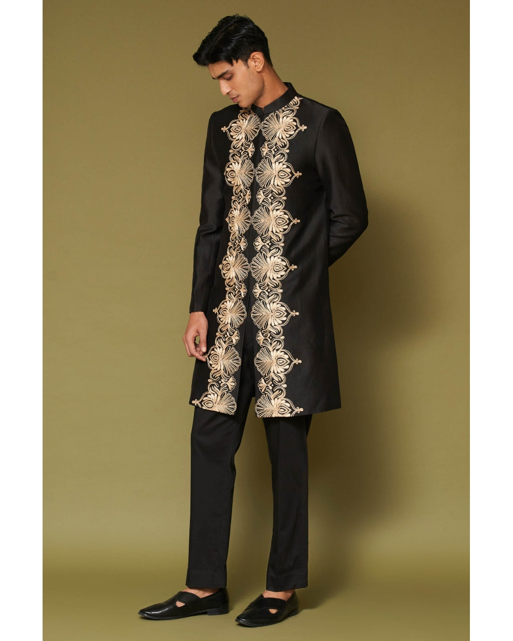 Black and Beige Dori Embroidered Linen Satin Sherwani Set