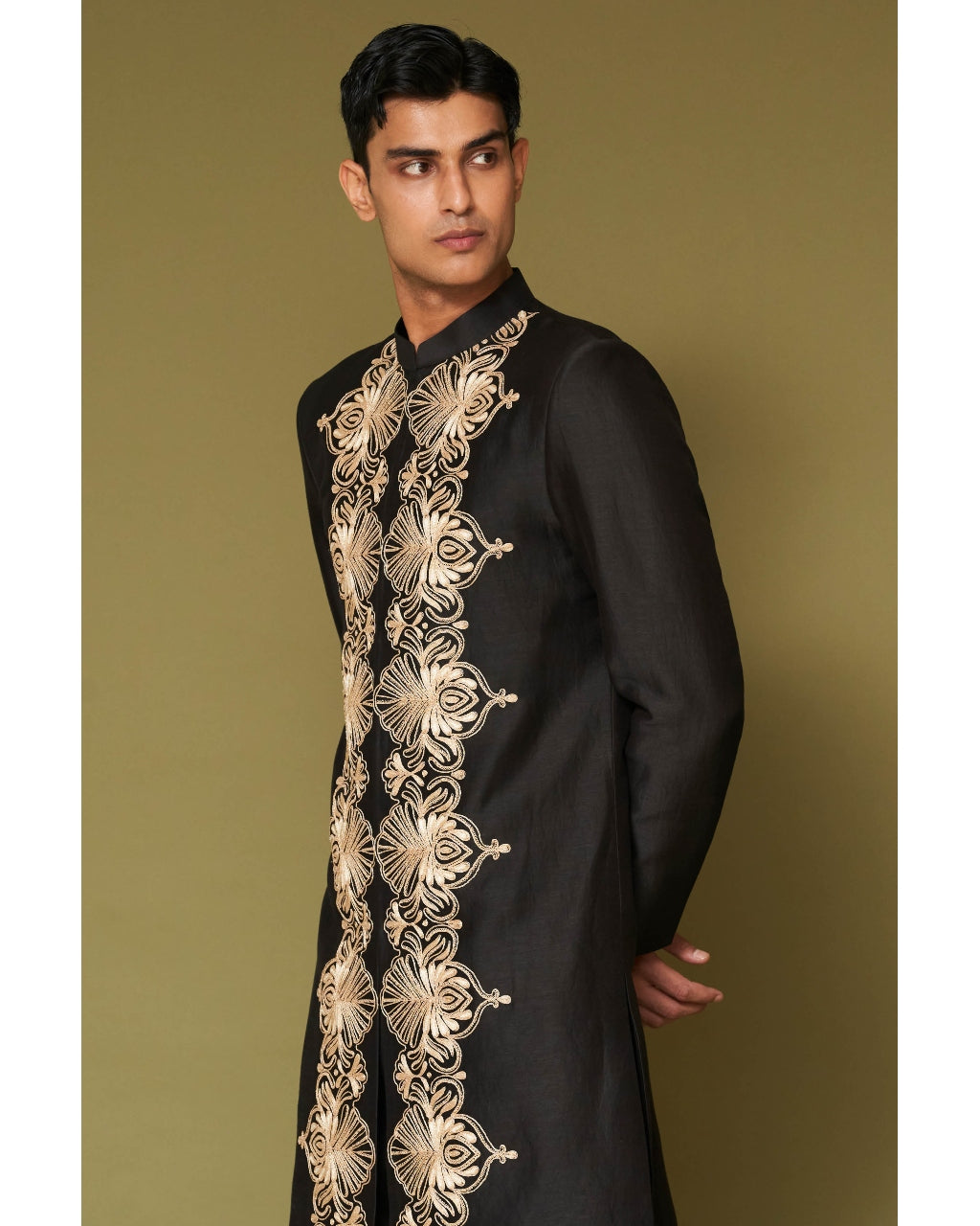 Black and Beige Dori Embroidered Linen Satin Sherwani Set