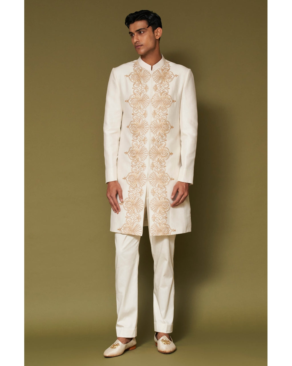 Ivory and Beige Dori Embroidered Linen Satin Sherwani Set