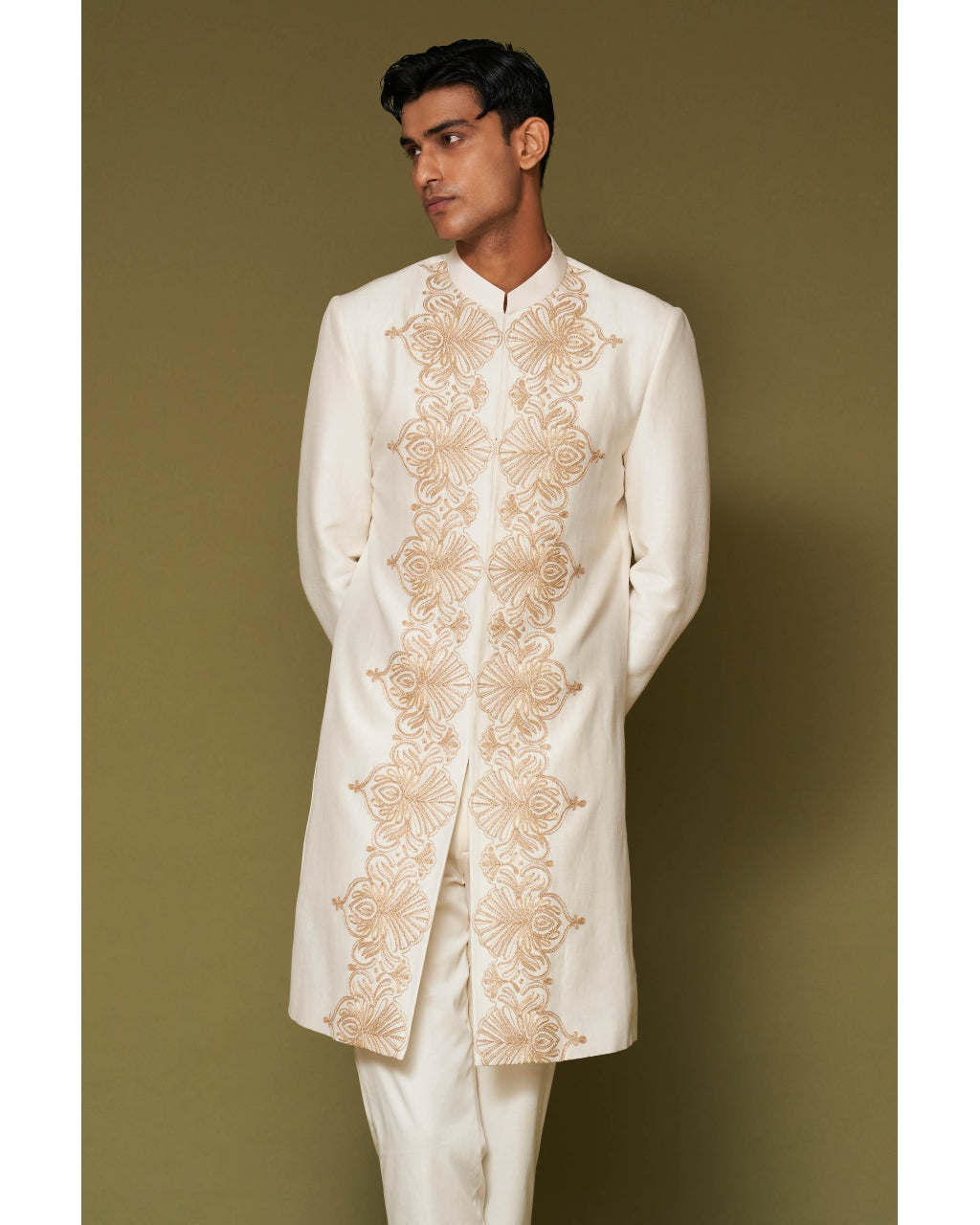 Ivory and Beige Dori Embroidered Linen Satin Sherwani Set