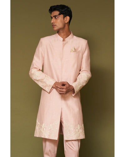 Blush Pink Dori Embroidered Linen Satin Sherwani Set