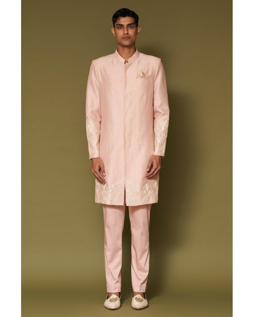 Blush Pink Dori Embroidered Linen Satin Sherwani Set