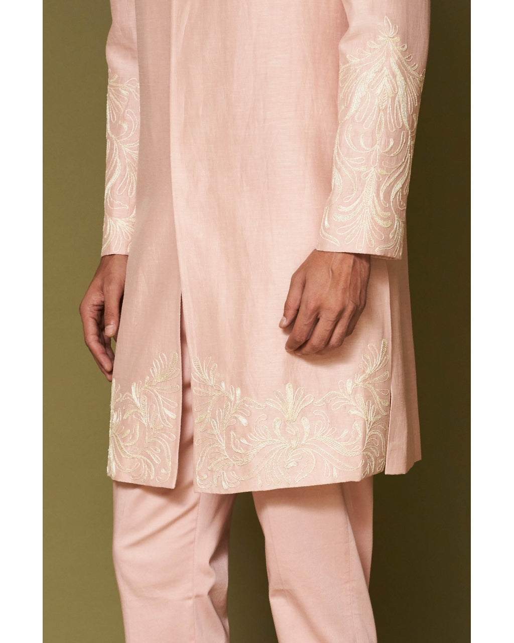 Blush Pink Dori Embroidered Linen Satin Sherwani Set