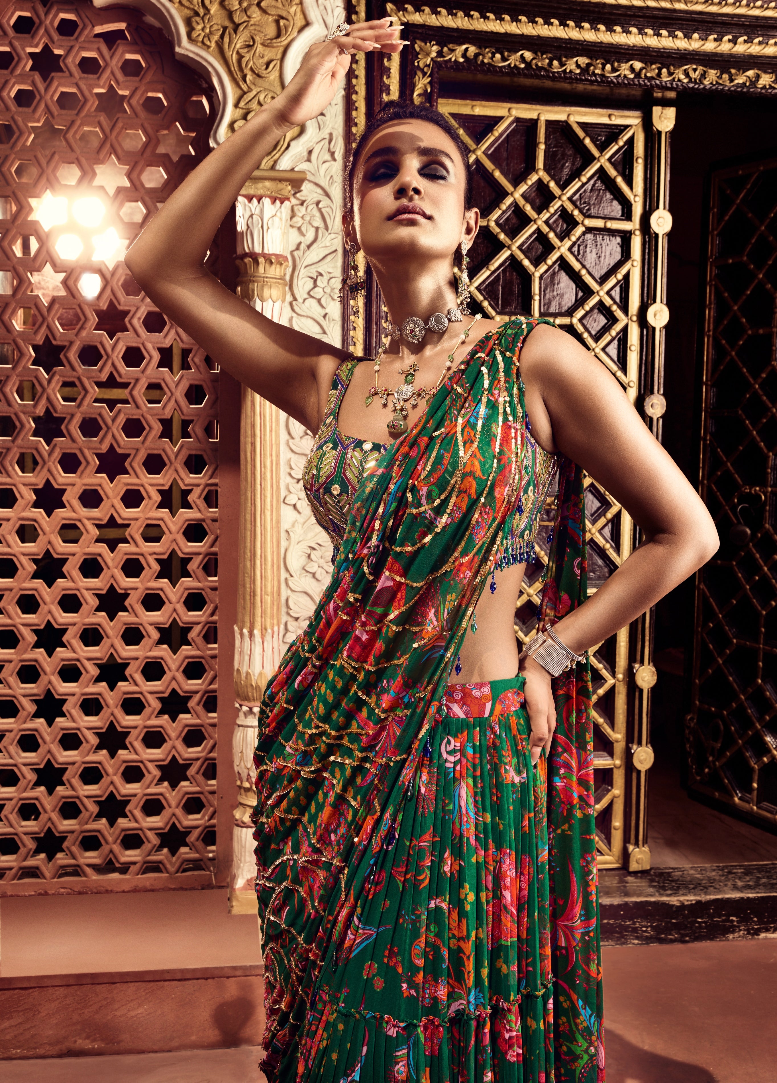 Dark Green Highlight Blouse And Tiered Skirt Sari Set