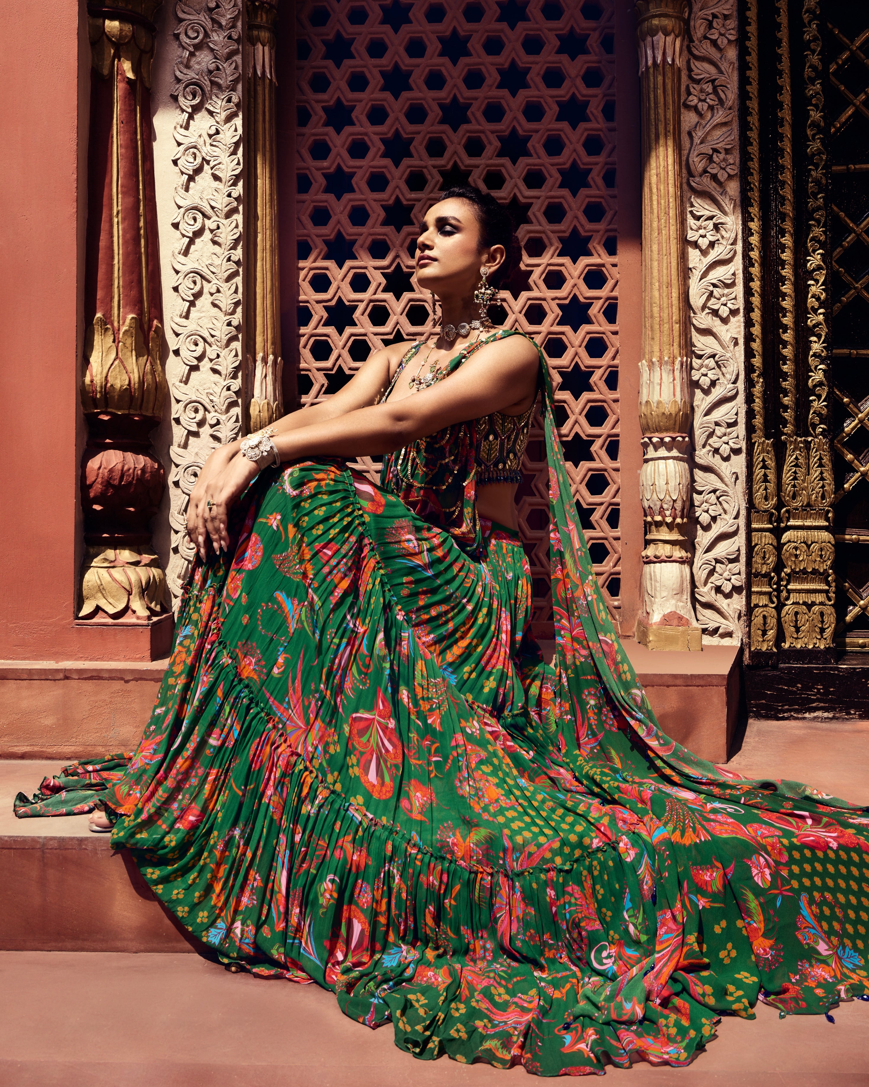 Dark Green Highlight Blouse And Tiered Skirt Sari Set