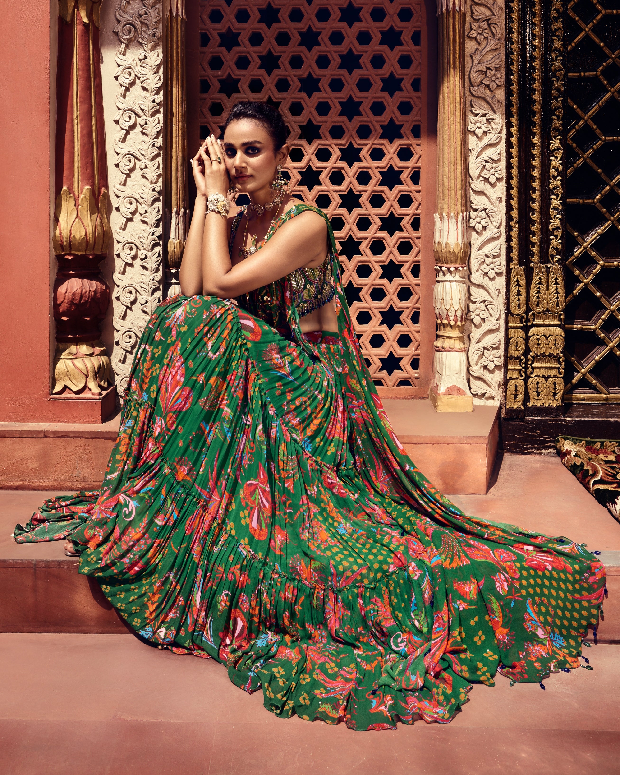 Dark Green Highlight Blouse And Tiered Skirt Sari Set