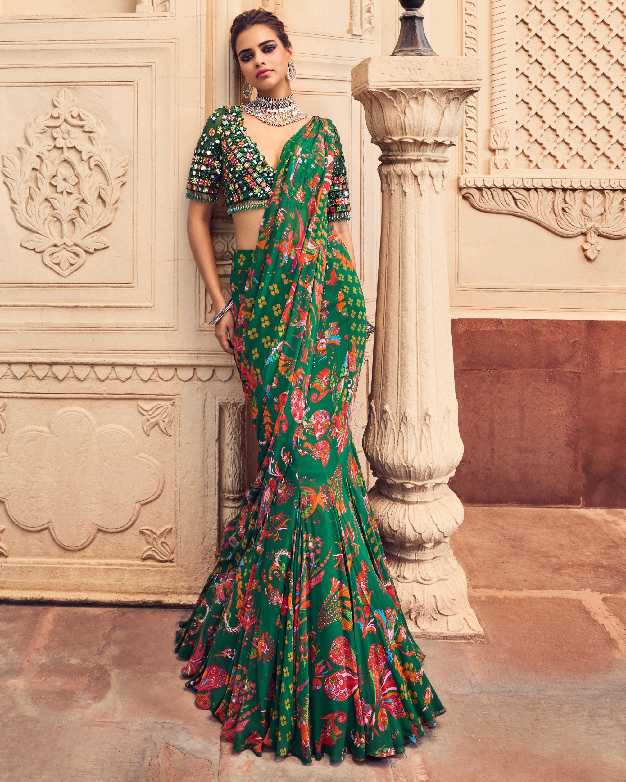 Dark Green Embroidered Blouse And Mermaid Sari Set