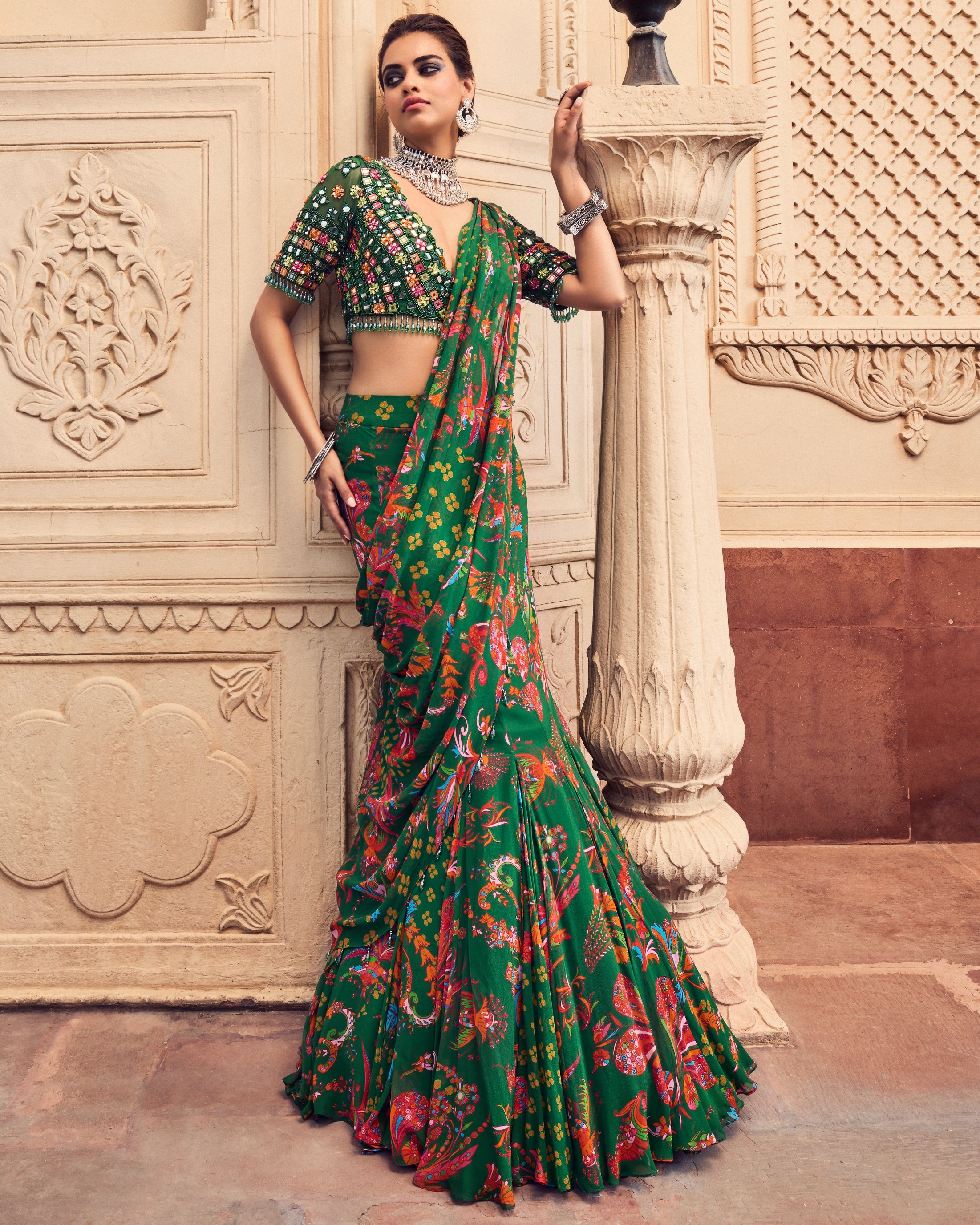 Dark Green Embroidered Blouse And Mermaid Sari Set