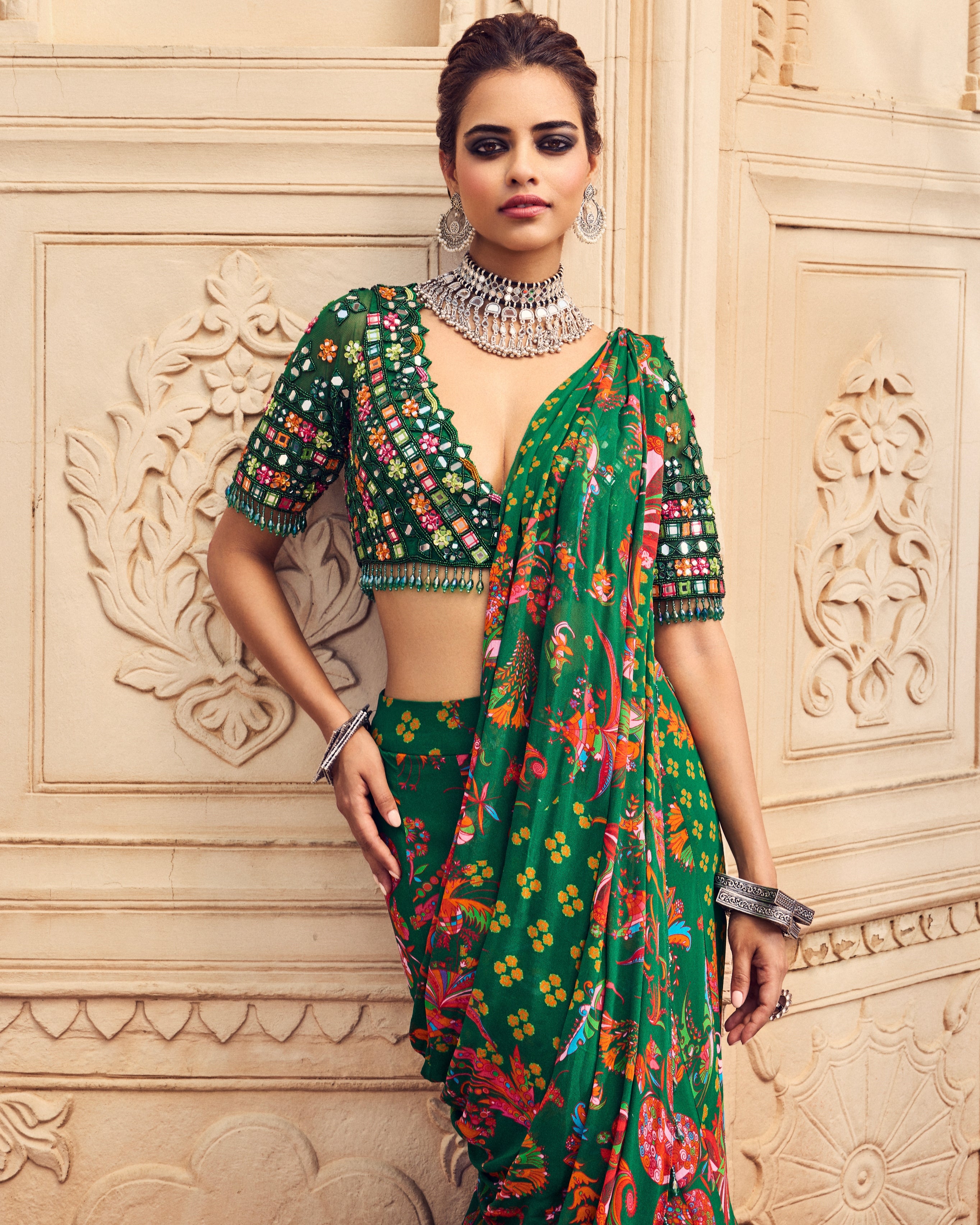 Dark Green Embroidered Blouse And Mermaid Sari Set