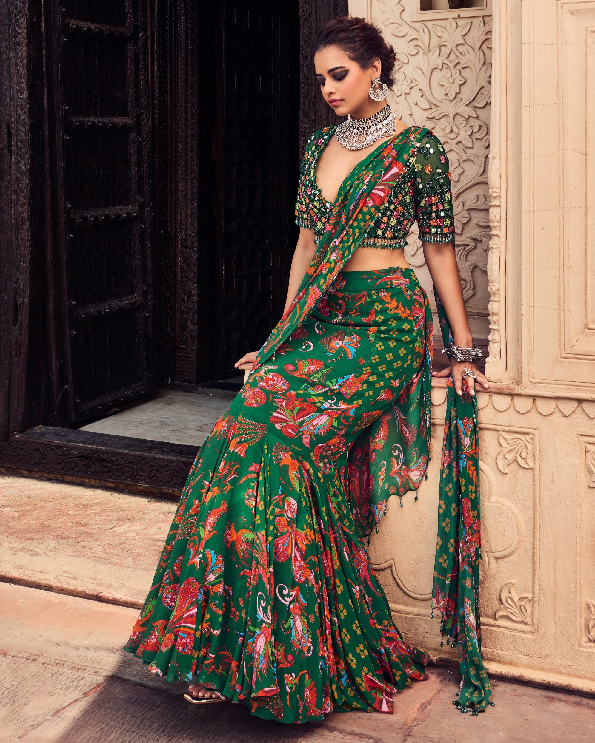 Dark Green Embroidered Blouse And Mermaid Sari Set