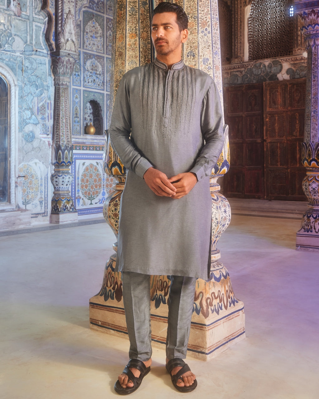 Gray Ombre Dot Embroidery Kurta Set