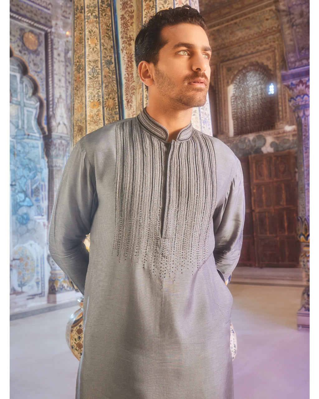 Gray Ombre Dot Embroidery Kurta Set